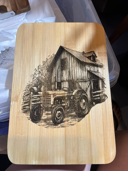Tractor & Barn on Bamboo Cutting Board